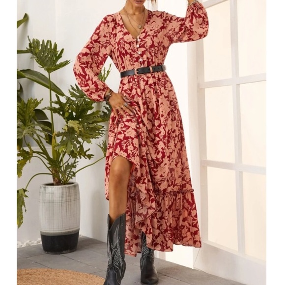 Boho gypsy  floral print button down ruffle hem maxi dress - Picture 5 of 6